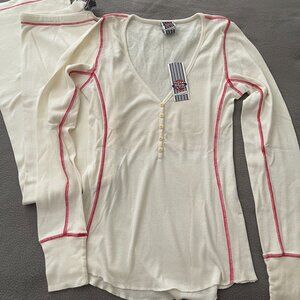 RARE Scanty Intimates Pajama Set Small Baseball Style NewWT Ivory & Red Cotton